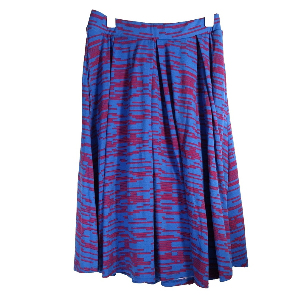 LuLaRoe Skirt XS Pockets Blue w/Red Accents Knee/Calf Length Unlined Pull-On